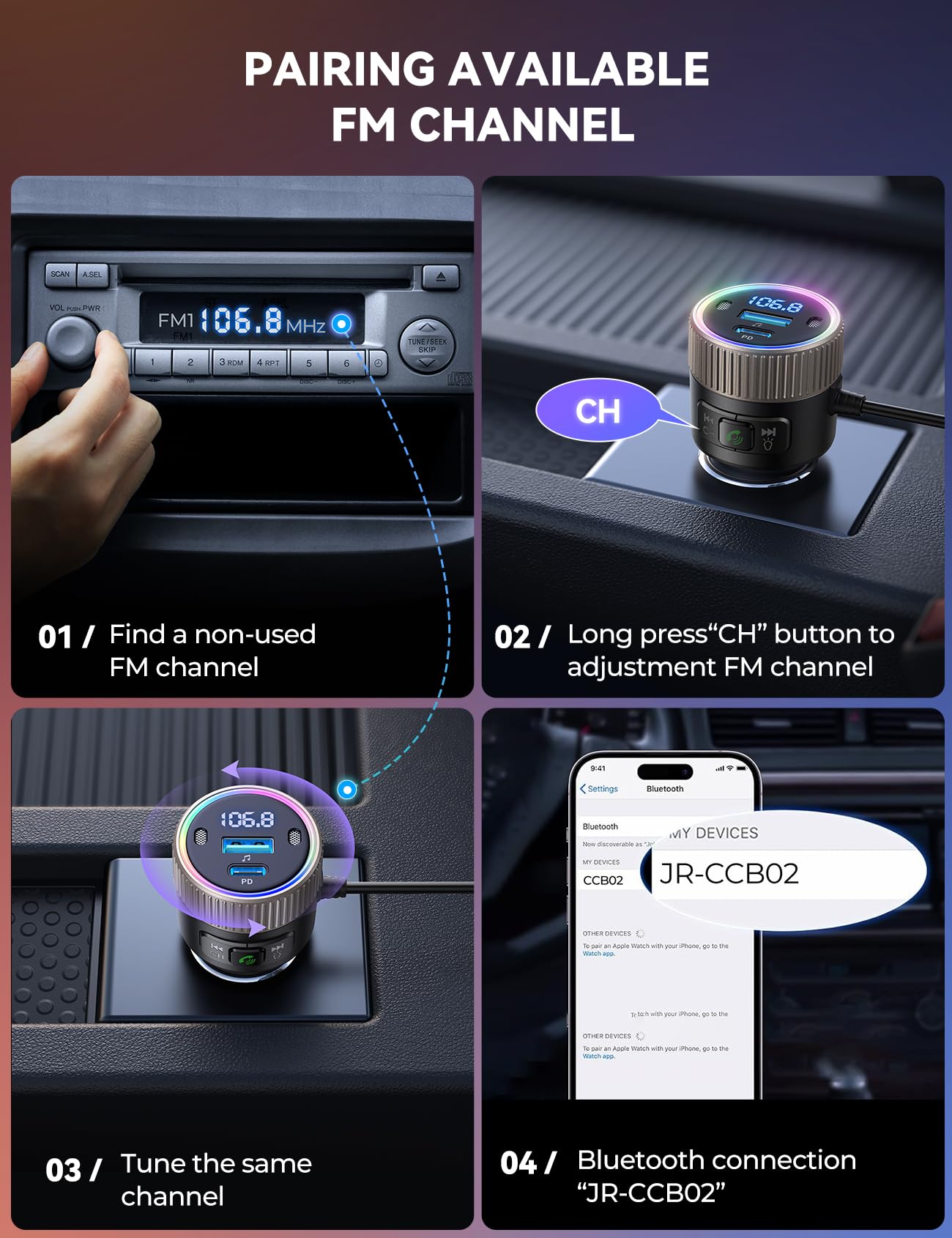 JOYROOM Bluetooth 5.4 FM Transmitter for Car, [60W PD 3.0] Bluetooth Car Adapter Fast Charging with USB C Cable, Cigarette Lighter Radio Music Adapter, Hands-Free Calling, Light Control, USB Drive