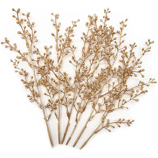 Artificial Golden Berry Stem Decorations, Fake Bead Sticks Picks Plastic Plants for Home Party Christmas Berries Stems Tree Ornaments Wreath Crafts DIY Gift Wedding Bouquet Xmas Decor Gold 6 Pcs