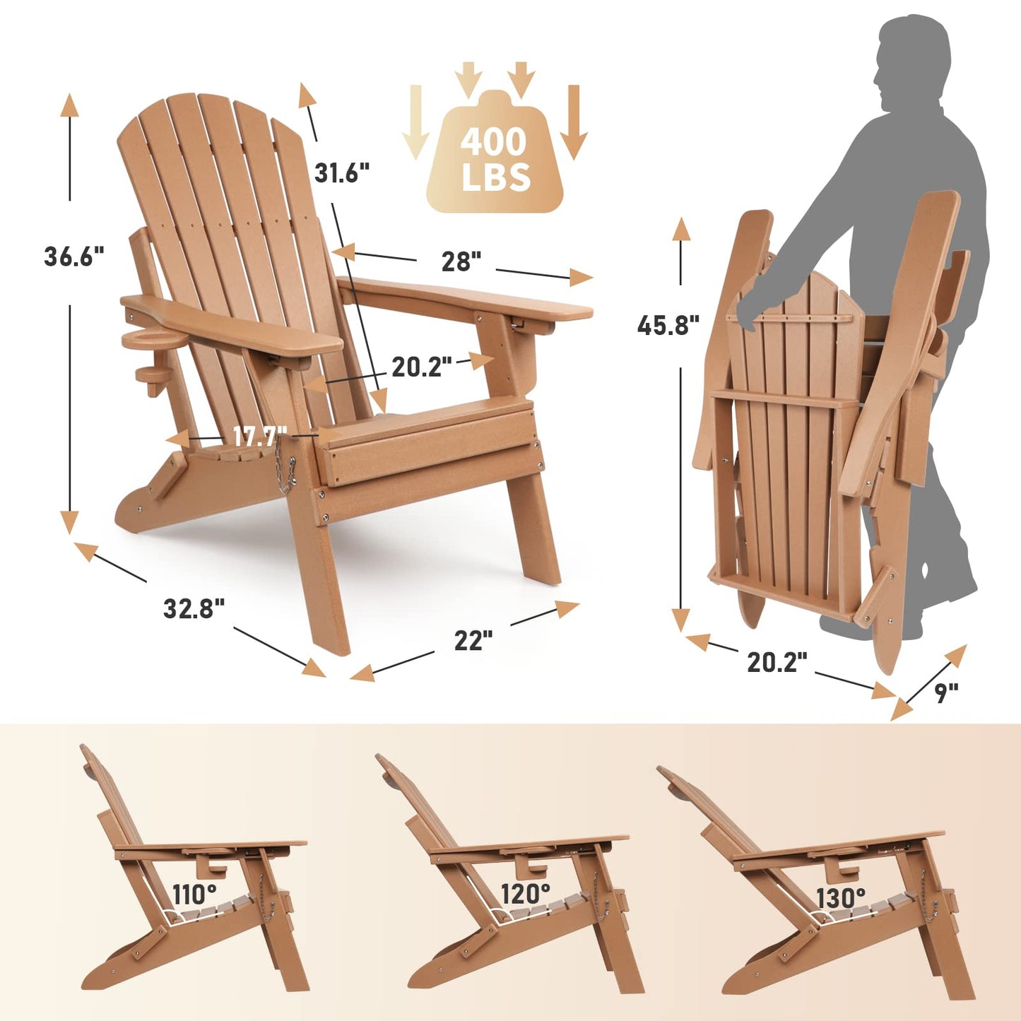 FUNBERRY Folding Adirondack Chair with Adjustable Backrest, HDPE All Weather Fire Pit Chairs with Cup Holder