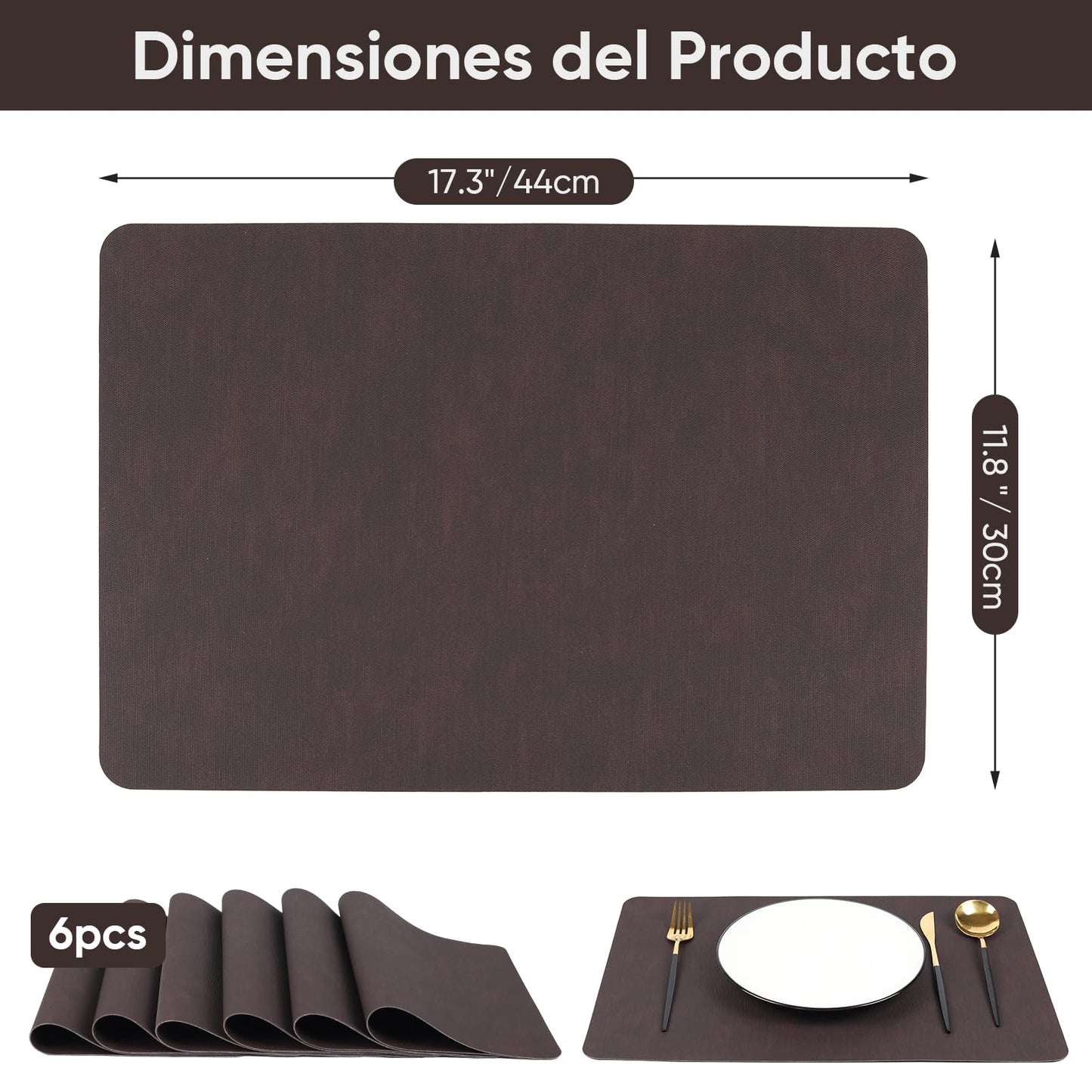Luxury Brown Faux Leather Placemats Set of 6 – Heat Resistant, Waterproof, Non-Slip, Wipeable, Stain-Resistant Table Mats – Modern Dining Table Décor, Easy to Clean & Washable