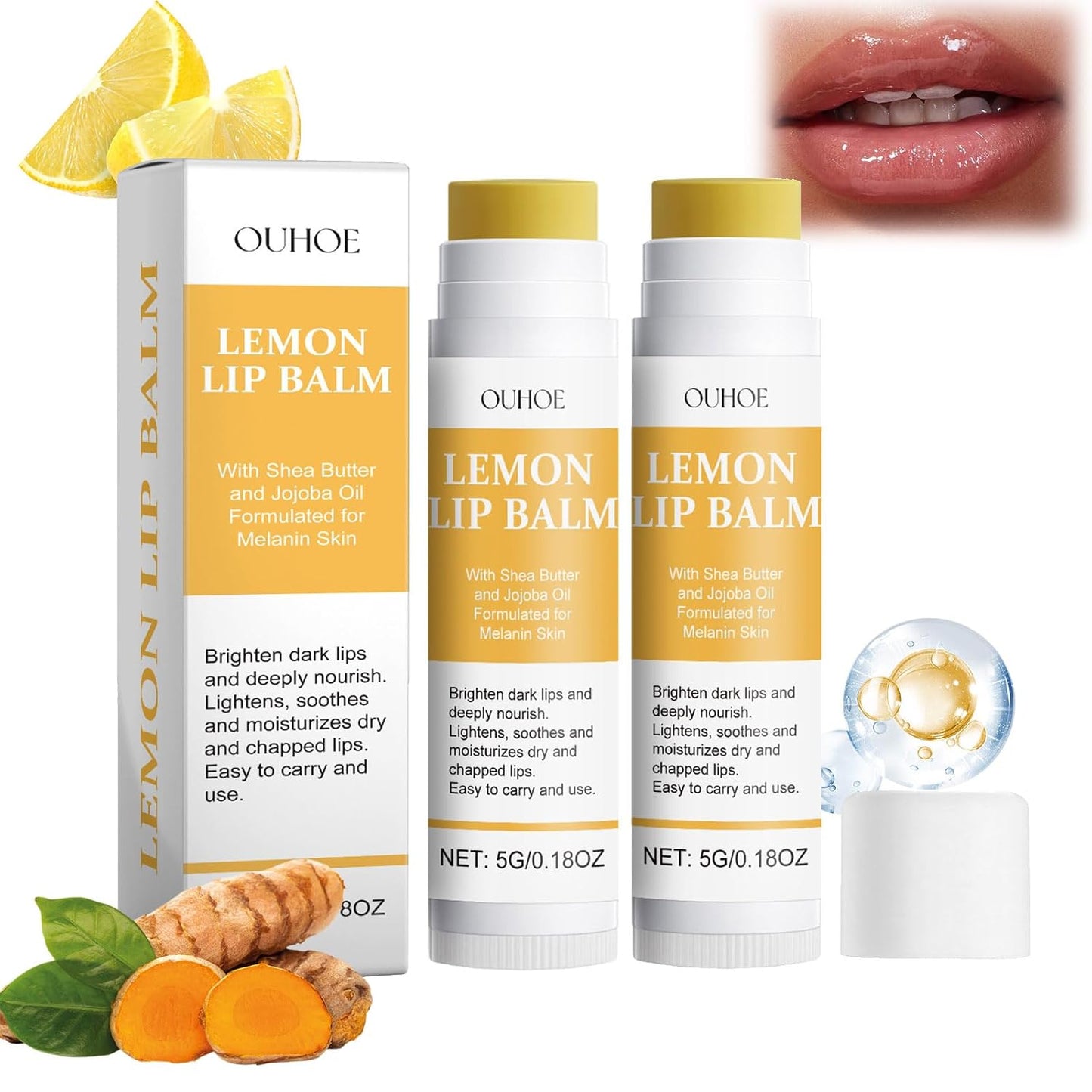 Lemon Lip Balm,Vitamin C Lip Moisturizing Balm for Dark Lips—Prevents Dry,Reduces Lip Lines,Organic Turmeric Lip Balm—Lip Exfoliator Scrub for Lip Softening & Hydration (2Pcs)