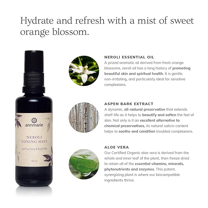 Annmarie Skin Care Neroli Toning Mist - Hydrating Organic Aloe Vera Infusion, Refreshing & Soothing Toner for Dry, Dull Skin, Suitable for All Skin Types (50mL, 1.7 fl oz)