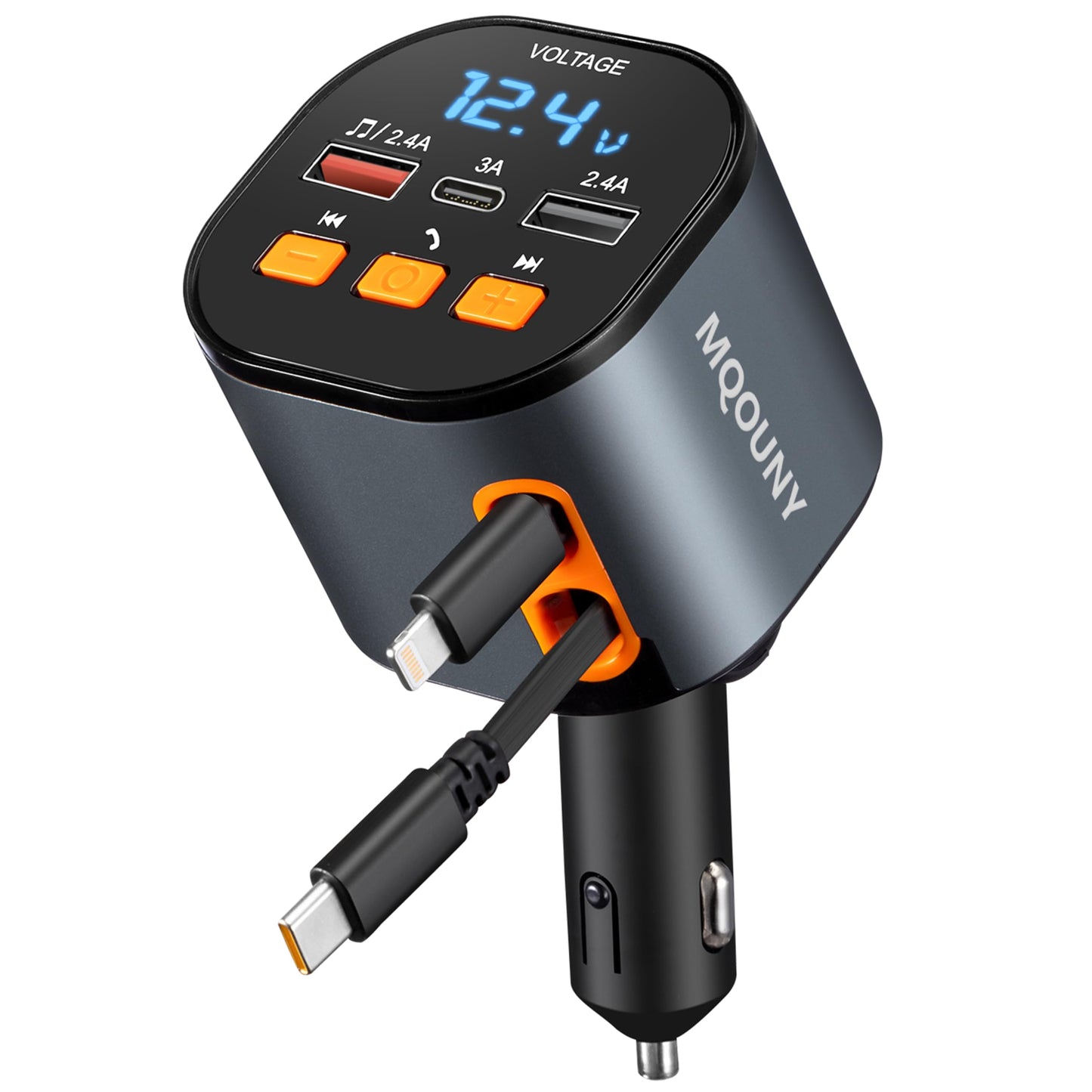 Retractable Car Charger,5 in 1 Fast Car Phone Charger 90W,Bluetooth 5.3 FM Transmitter Adapter,Handsfree Call,2 Retractable Cables and USB Cars Chargers for iPhone 15/14/13 (Black)