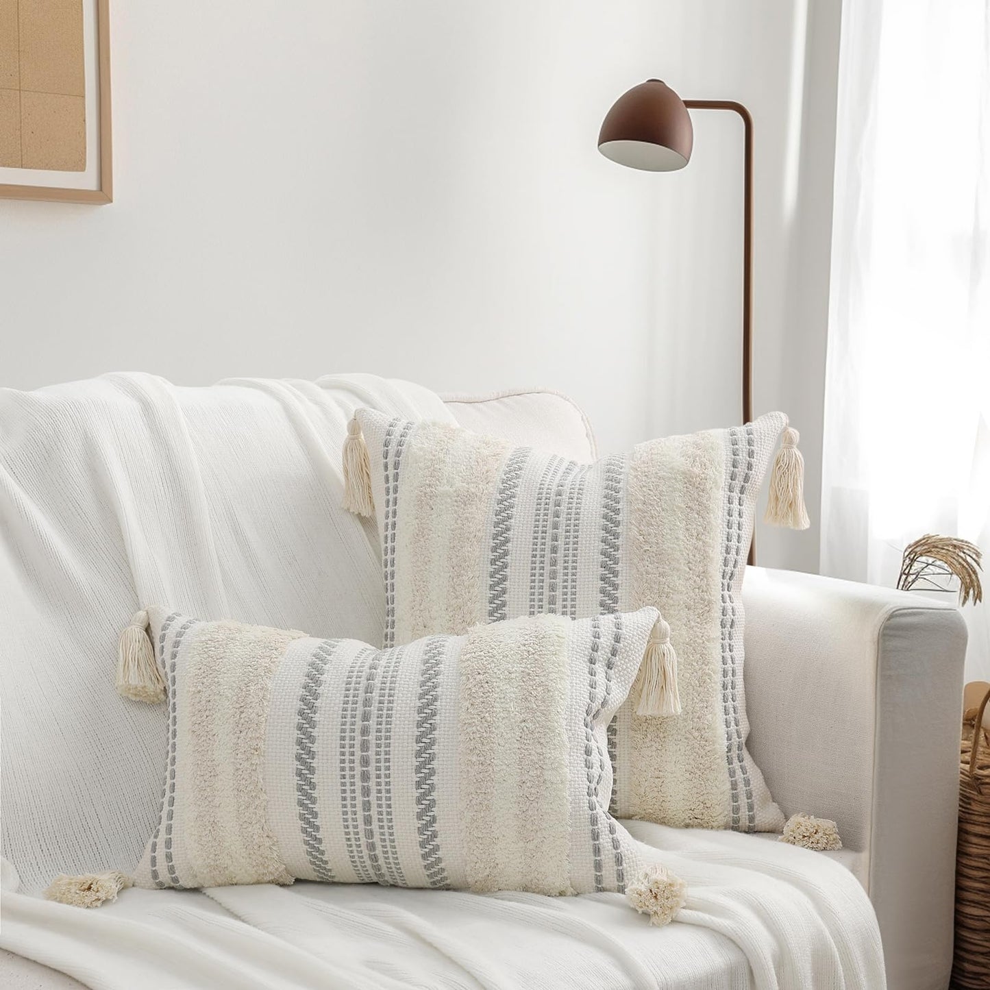 decorUhome Decorative Boho Throw Pillow Cover 12x20, Lumbar Accent Neutral Textured Tufted Pillow Cover Striped for Couch Bed Sofa, Beige and Cream White, Pack of 1