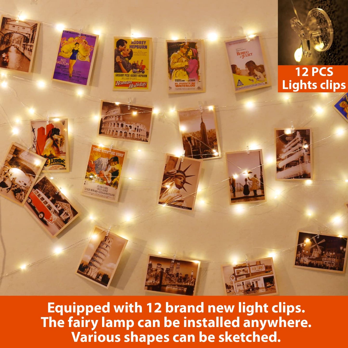 HXWEIYE 120LED Warm White 40Ft Fairy String Light with 52 Clear Clips & 12 Hooks, USB Powered, Waterproof, 8 Modes & Timer, Perfect for Indoor/Outdoor, Bedroom, Party, Wedding Decor