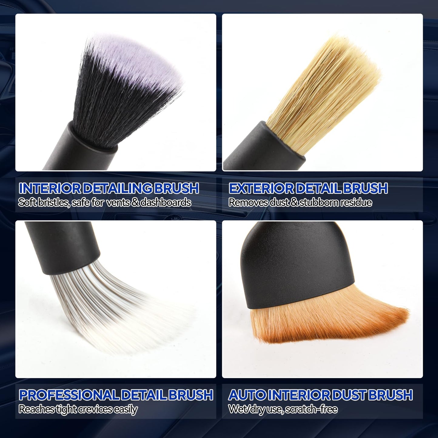 JsqFogey 7PCS Car Detailing Brush Kit - Ultra Soft Boars Hair Car Interior Detailing Brushes, Includes 4 Different Brushes, Multi-use for Cleaning Interior or Exterior - Perfect Car Accessory Gift