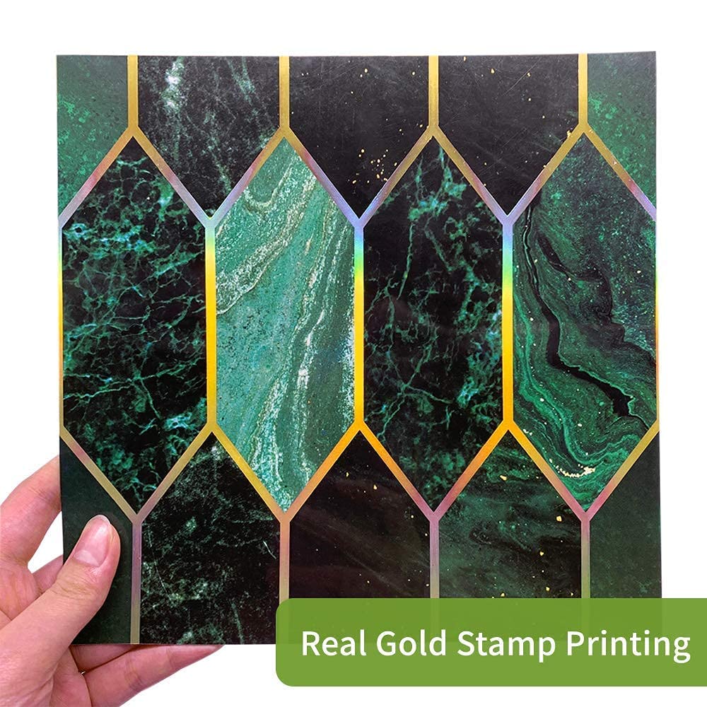 funlife 10Pcs Art Deco Peel and Stick Thick Kitchen Backsplash, Self Adhesive Wall Tile, Flat Glossy Stickers for Home Decor, Holographic Emerald 7.87"x7.87"