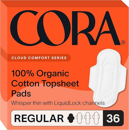Cora 100% Organic Cotton Top Pad | Ultra Thin Period Pads with Wings | Regular Ultra-Absorbent Sanitary Pads for Women (36-Count)