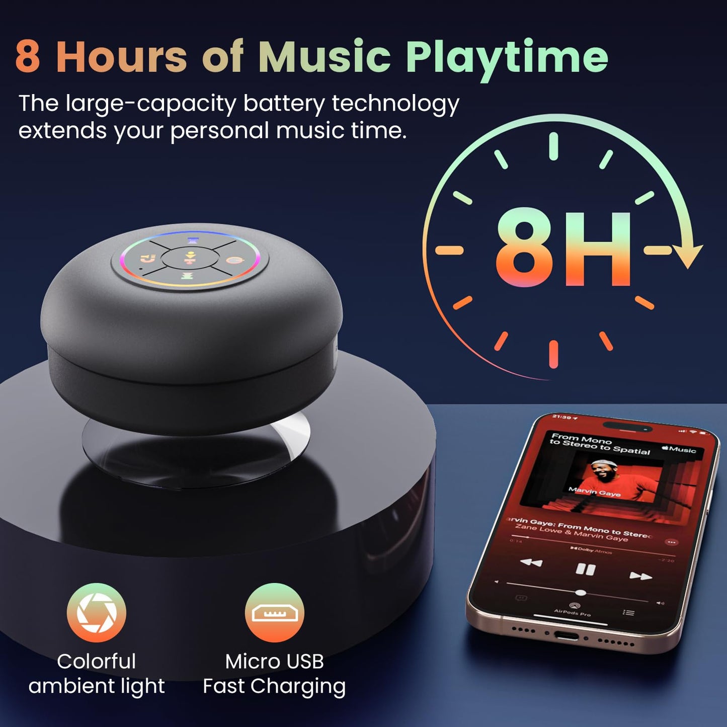 Large Suction Cup Waterproof Bluetooth Speaker LED Light Light Waterproof Bathroom Bluetooth Speaker (Black)