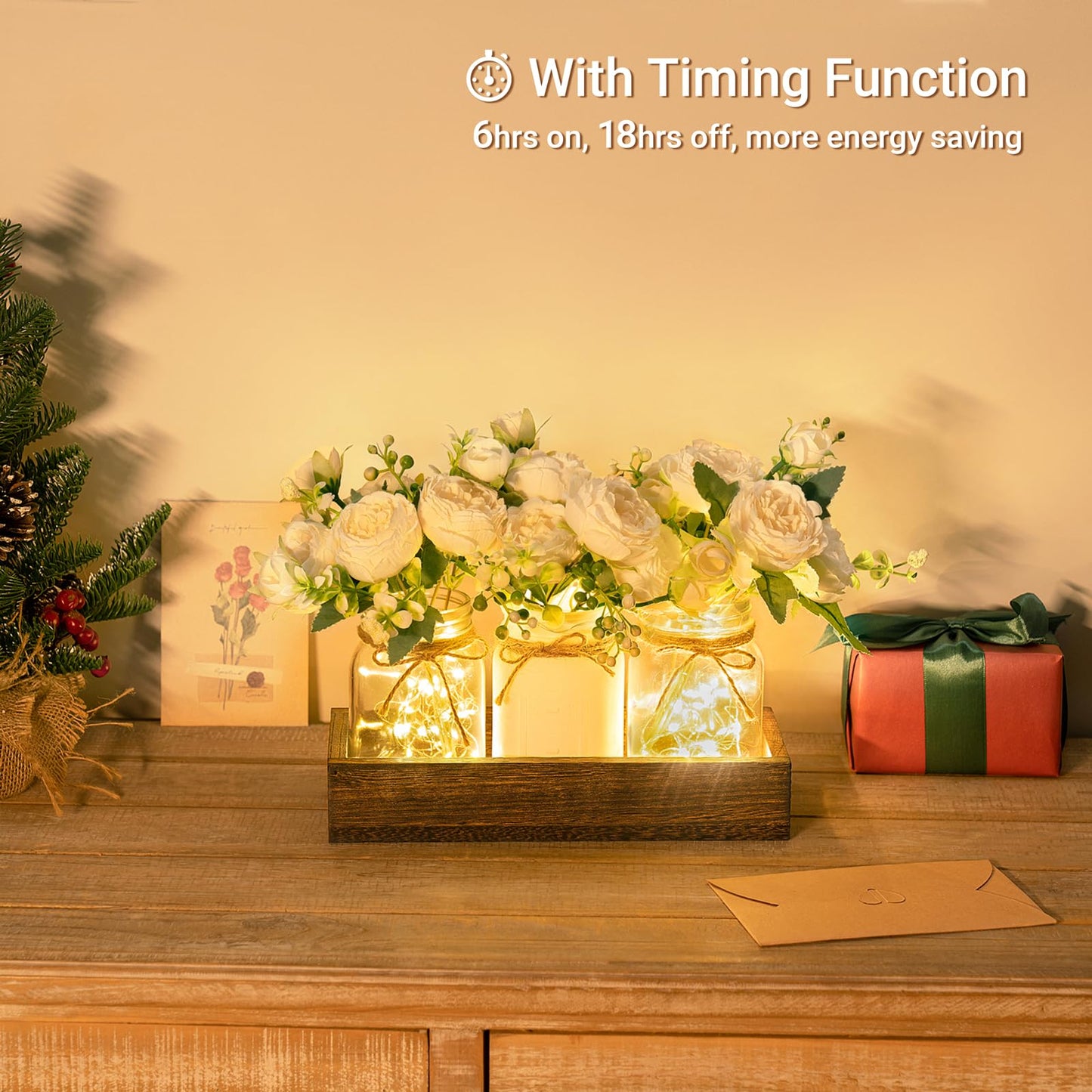 Mkono Mason Jar Lights Centerpiece Table Decor for Dining Room Farmhouse Wood Tray with 3 Jars Flowers Summer Decoration for Coffee Table Kitchen Living Room Wedding