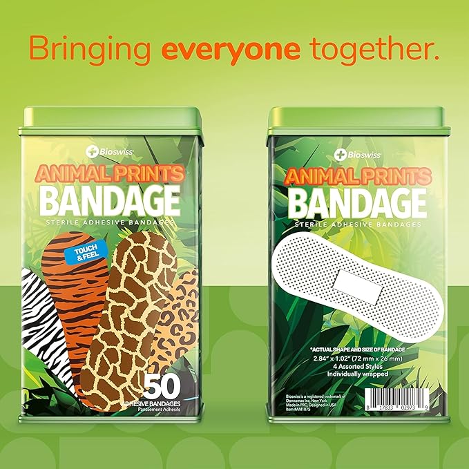BioSwiss Bandages, Animal Print Shaped Self Adhesive Bandage, Latex Free Sterile Wound Care, 50 Count