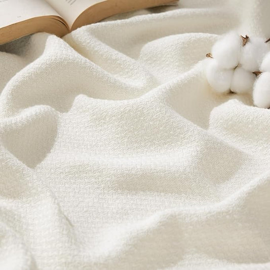 Bedsure 100% Cotton Blanket Twin XL Size for Bed - Breathable and Lightweight, Soft Cozy Textured Herringbone Woven Blanket for Summer Spring, Ivory, 66x90 inches