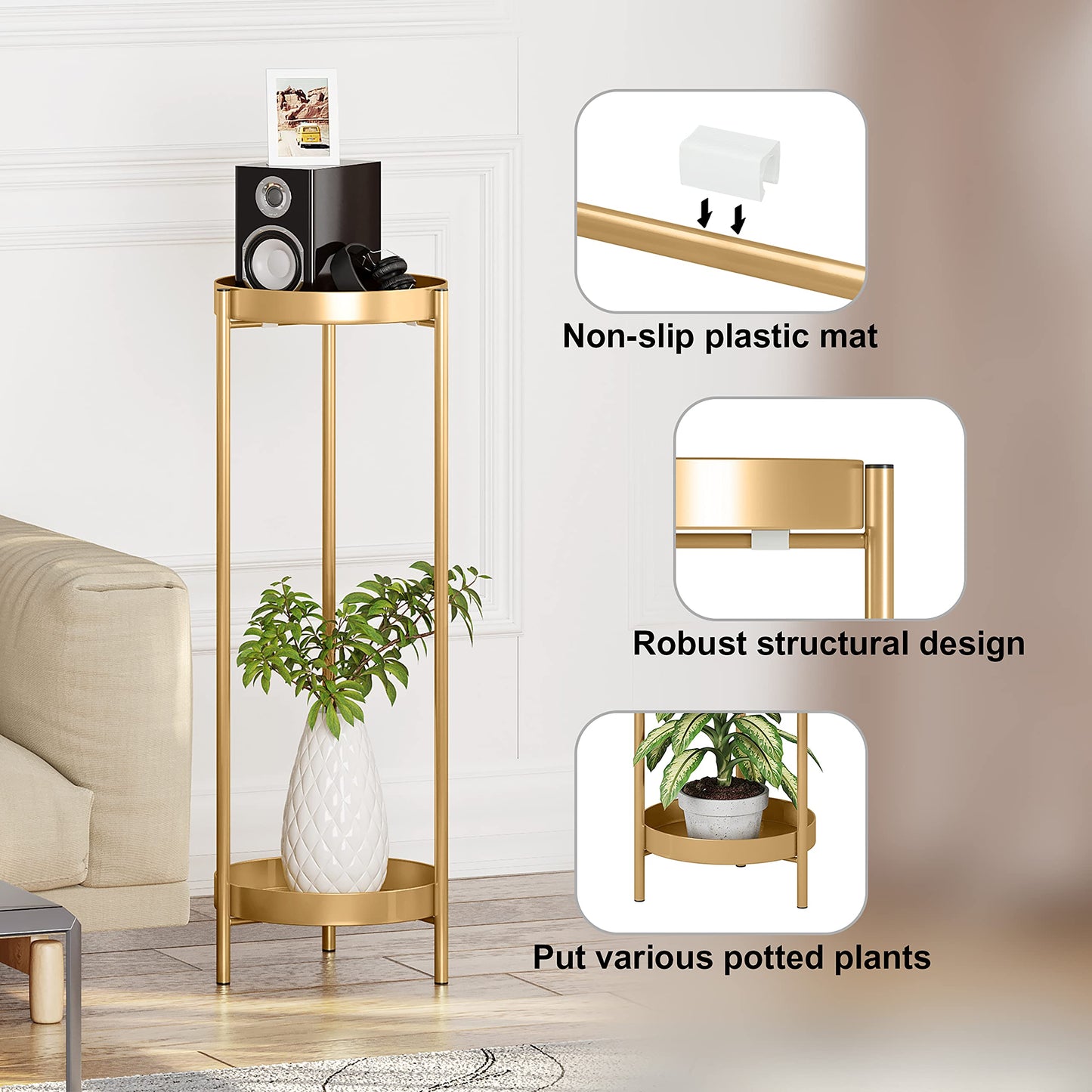 Philodwell Metal Gold Tall Plant Stand Indoor or Outdoor - 30 inch 2 Tier Modern Corner Planter Shelf Rack with 2 Removable Display Shelves(10 inch) for Bedroom Living Room Balcony