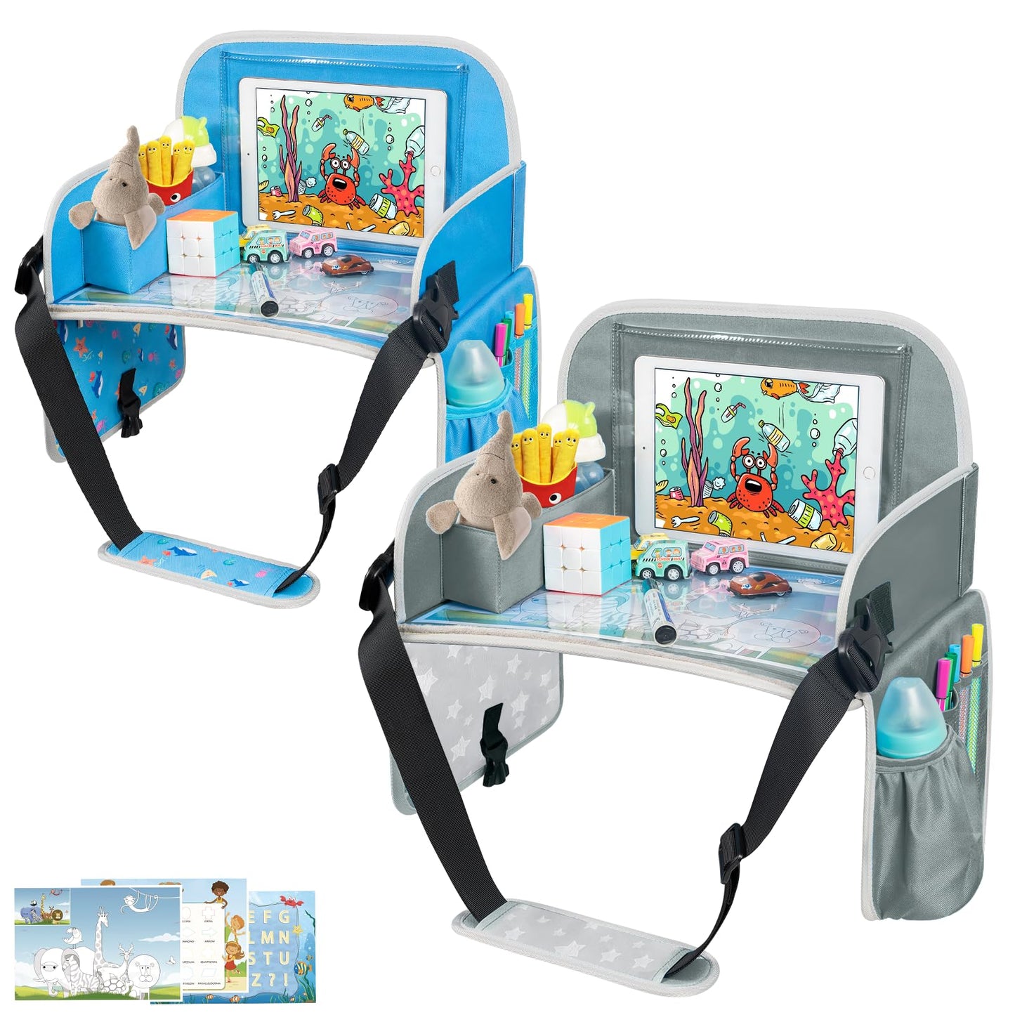 MENZOKE Kids Travel Tray, Travel Tray for Kids Car Seat with Educational Drawing Board, Tablet Holder & Cooler Cup Holder, Portable Road Trip Essentials Child's Gifts for Car Trip, Airplane, Black