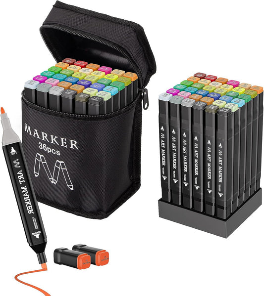 Banral 36 Colors Alcohol Markers Set, Dual Tip Alcohol Based Art Marker for Artists Kids Adult Coloring, Permanent Illustration Sketch Pens for Drawing with Case and Holders
