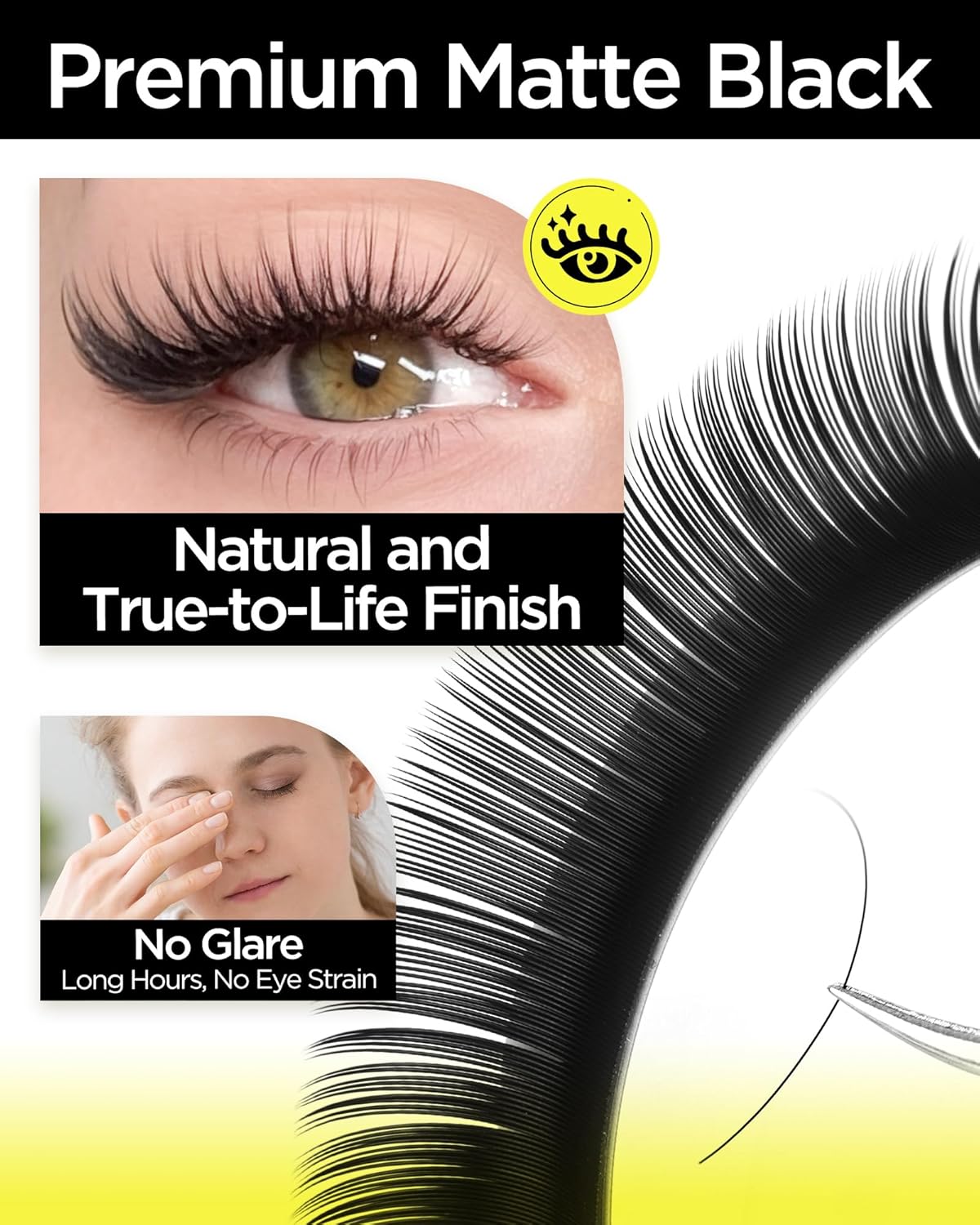 BEYELIAN Classic Volume Lash Extensions, C D D+ Curl 7-15mm 0.03-0.20mm Thickness Matte Black Semi Permanent Volume Eyelash Extensions Professional Salon Use (0.15 D+ 12mm)