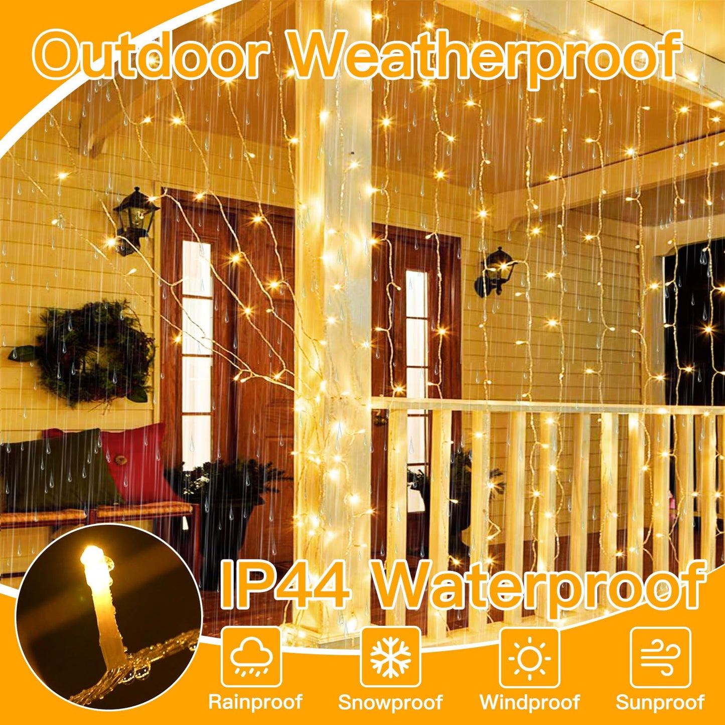 Ollny Christmas Curtain Lights 300 LED 9.8 FTx9.8 FT, Outdoor Waterproof Curtain String Lights with Remote Timer 8 Modes, USB Waterfall Window Lights for Wall Backdrop Home Decorations (Warm White)