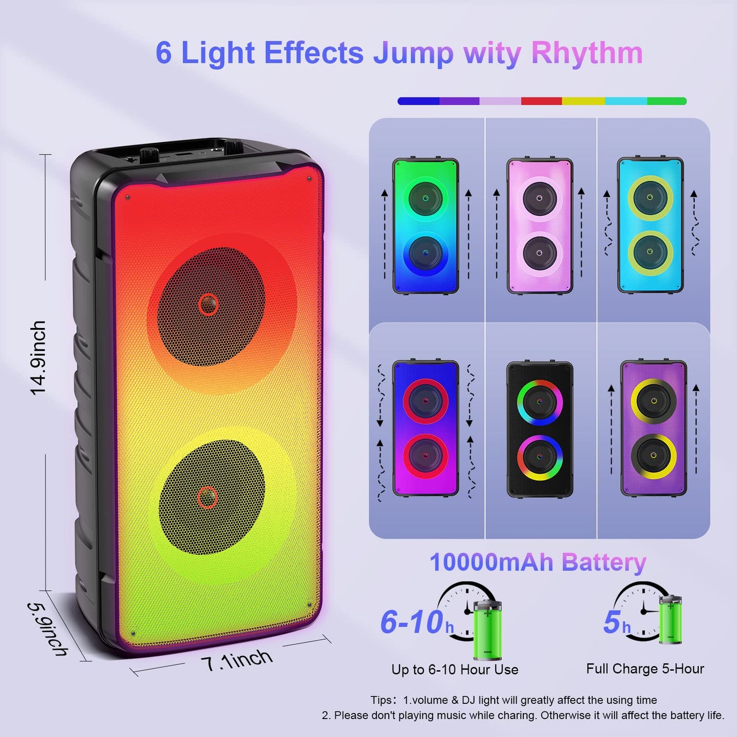Bluetooth Speakers, 60W(80W Peak) Portable Loud Wireless Stereo Speaker with Rich Bass, Bluetooth 5.0, FM Radio, Colorful Light, TWS Pairing, EQ, 10000mAh Battery, Outdoor Speaker for Home Party Gift