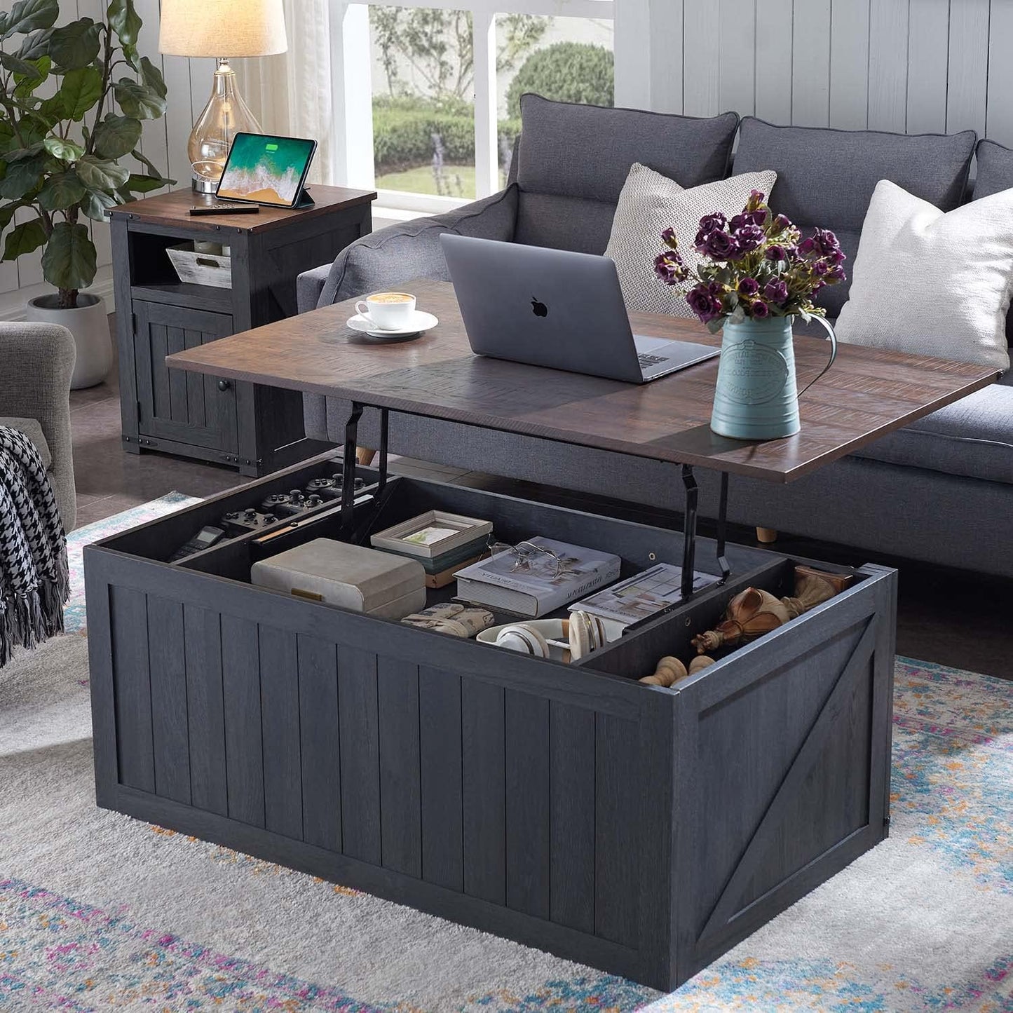 IFGET 48" Lift Top Coffee Table, Farmhouse Cocktai with Sliding Groove Barn Door, Rustic Wood Center Table w/Double Storage Spaces for Living Room, Dark Grey