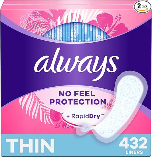 Always Thin No Feel Protection Daily Liners, Regular Absorbency, Unscented, 216 Count x 2 (432 Count Total)