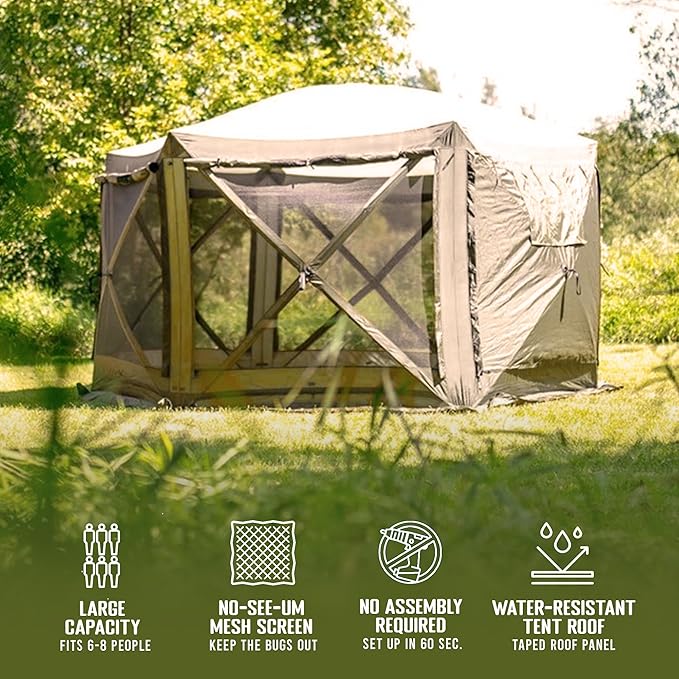 CLAM Pop Up Screen Tent, Outdoor Camping Gazebo Canopy, Escape, 11.5', Tan