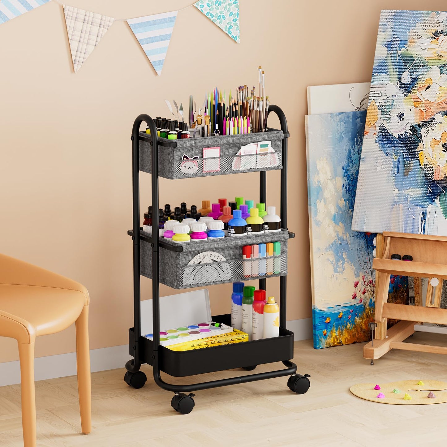 Modanais Baby Diaper Caddy Organizer Cart - 3 Tier Rolling Storage Cart with Wheels, Baby Essentials for Nursery Storage, Detachable Dividers - for Crib, Bedroom, Art & Craft Organizer (Black)