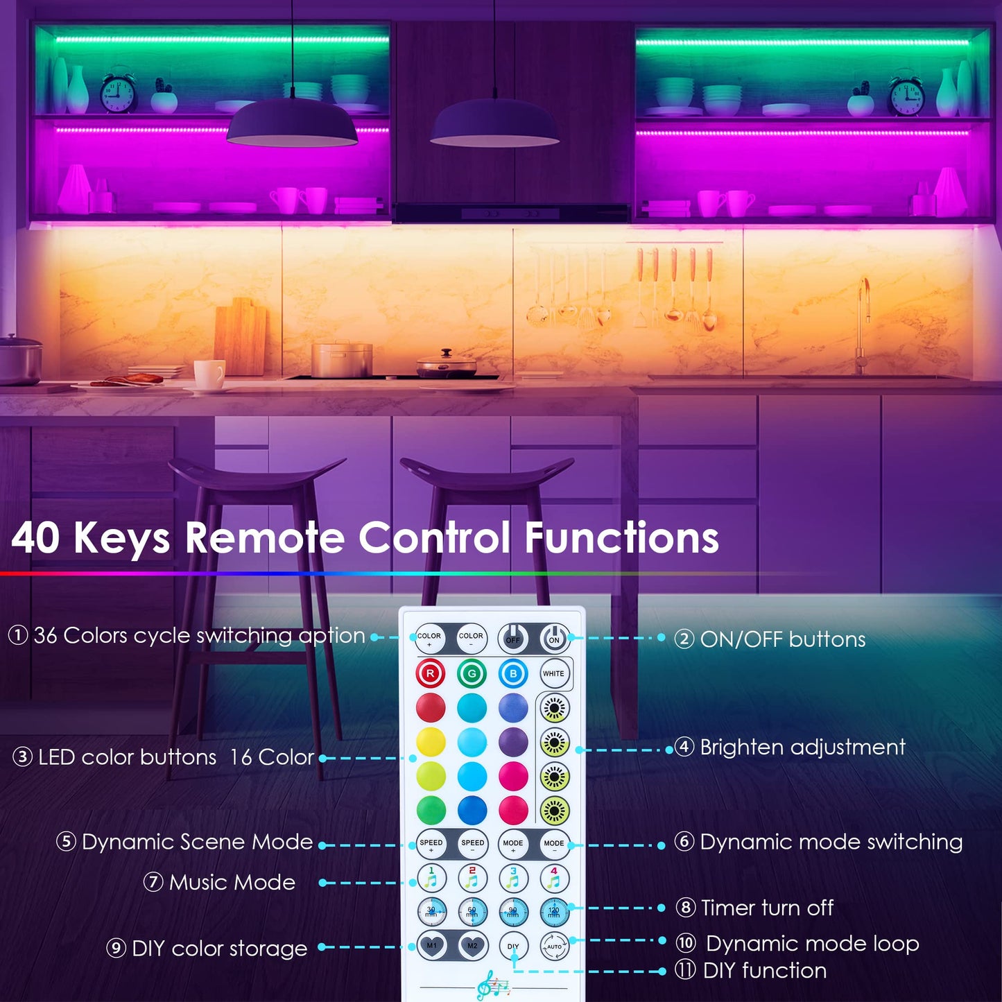 maylit 10 PCS Smart RGB Under Cabinet Lights Kit, Compatible with Alexa and Google Assistant, App and Remote Control, Music Sync Color Changing, Timer, Dimmable, for Cabinet, Counter, Shelf, Bookcase