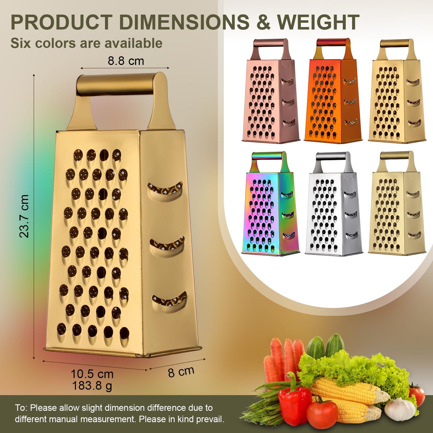 Rainbow Cheese Grater Handheld Grater for Kitchen, Stainless Steel 4 Sided Cheese Grater with Handle for Grinding Shredding & Slicing, Dishwasher Safe