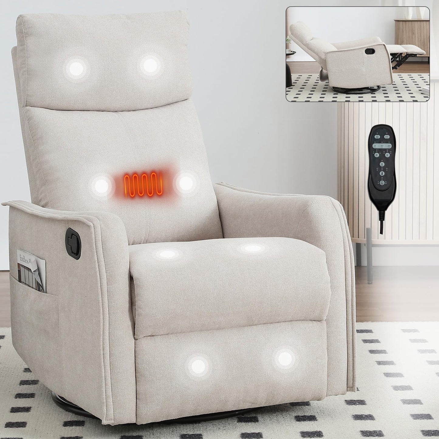 MYEYPEL 360°Swivel in Fabric Reclining Chairs,Heat Massage Manual Recliner Chair,Small Recliners Spaces,Single Lazyboy Recliner Sofa for Living Room,RV,Bedroom,Beige