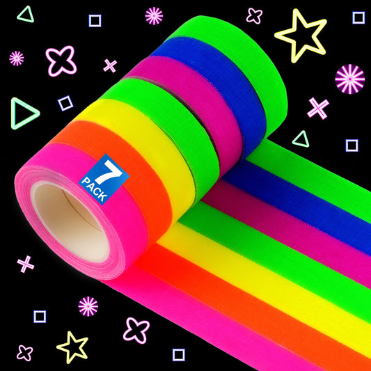 7 Pack Neon Tape Glow in The Dark Tape for UV Glow Party, Fluorescent UV Blacklight, 6 Bright Colors Cloth Gaffer Decor Supplies for Theater Stages, Dance Floors, The Halloween - 0.6" x 16.5 ft
