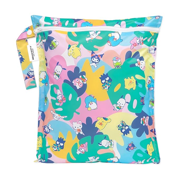 Bumkins Waterproof Wet Bag for Baby, Travel, Swim Suit, Cloth Diapers, Pump Parts, Pool, Beach, Gym Clothes, Toiletry, Hook to Stroller, Daycare, Zipper Reusable Wetdry Packing Pouch, Hello Kitty Luau