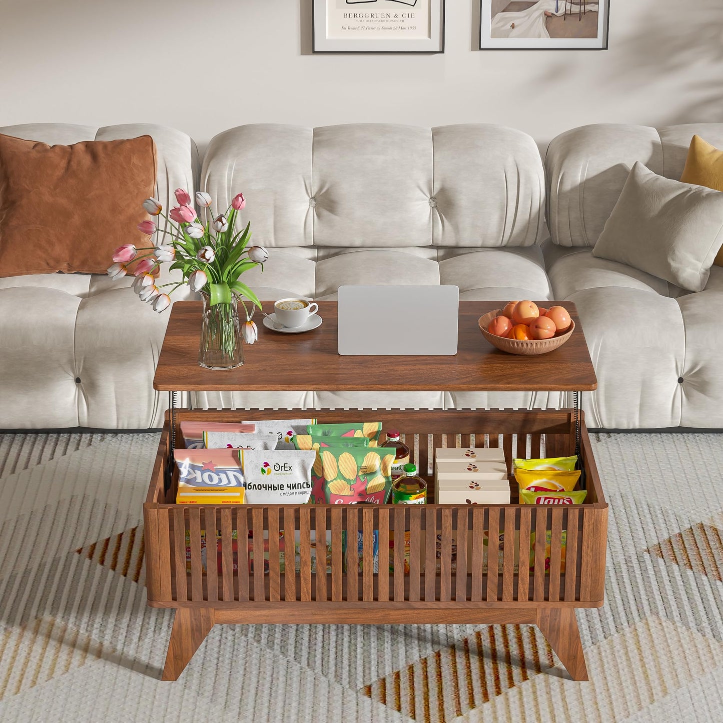 Lift Top Coffee Table with Hidden Compartment, Mid Century Modern Coffee Table for Living Room, Fluted Design Farmhouse Center Table with Storage (Walnut, 35.4" W)