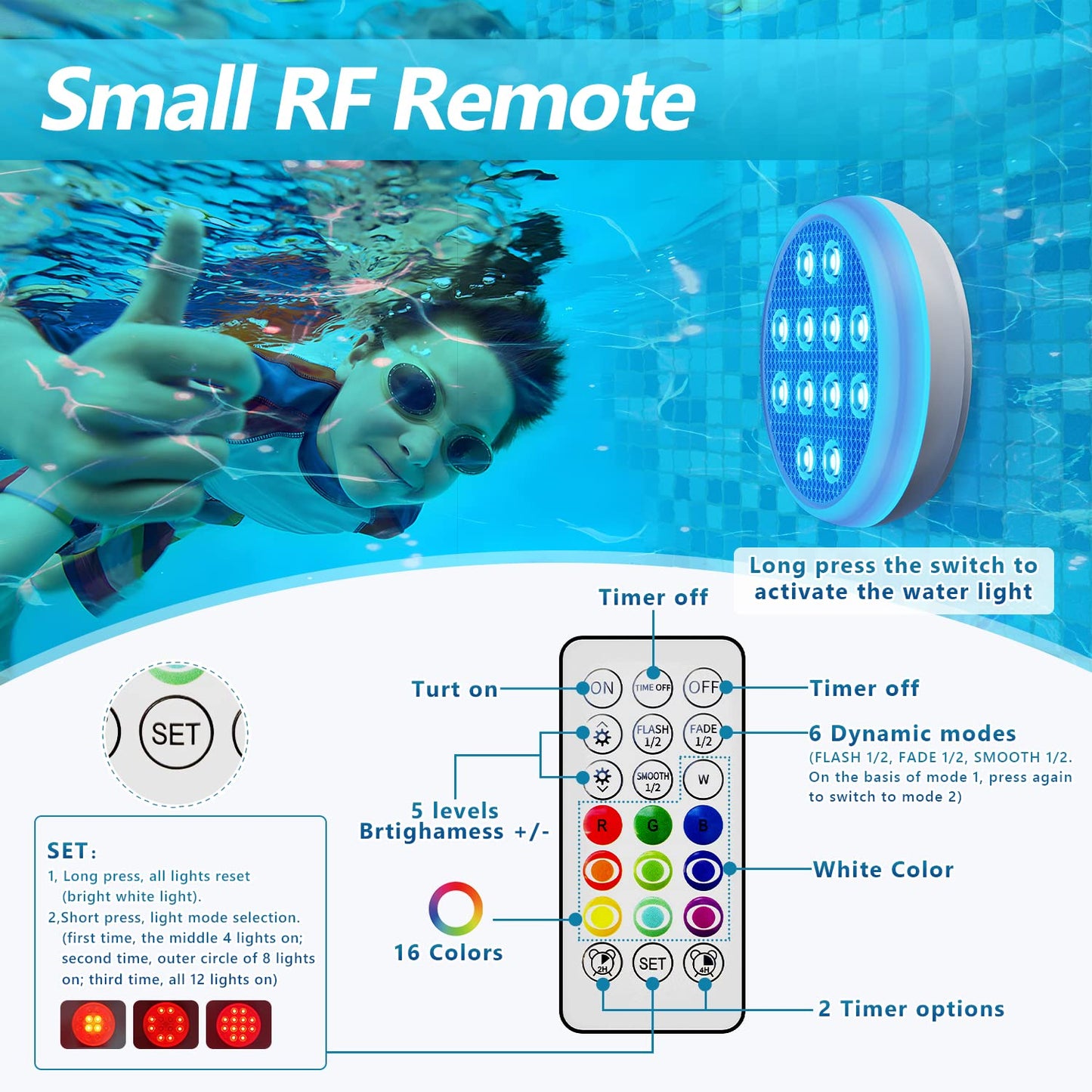 QOLNBY Rechargeable Pool Lights Submersible LED Lights with Remote, IP68 Waterproof Underwater Lights,16 Color Changing Floating Light with Magnet, Suction Cups for Pool,Pond,Party (2-Pack)