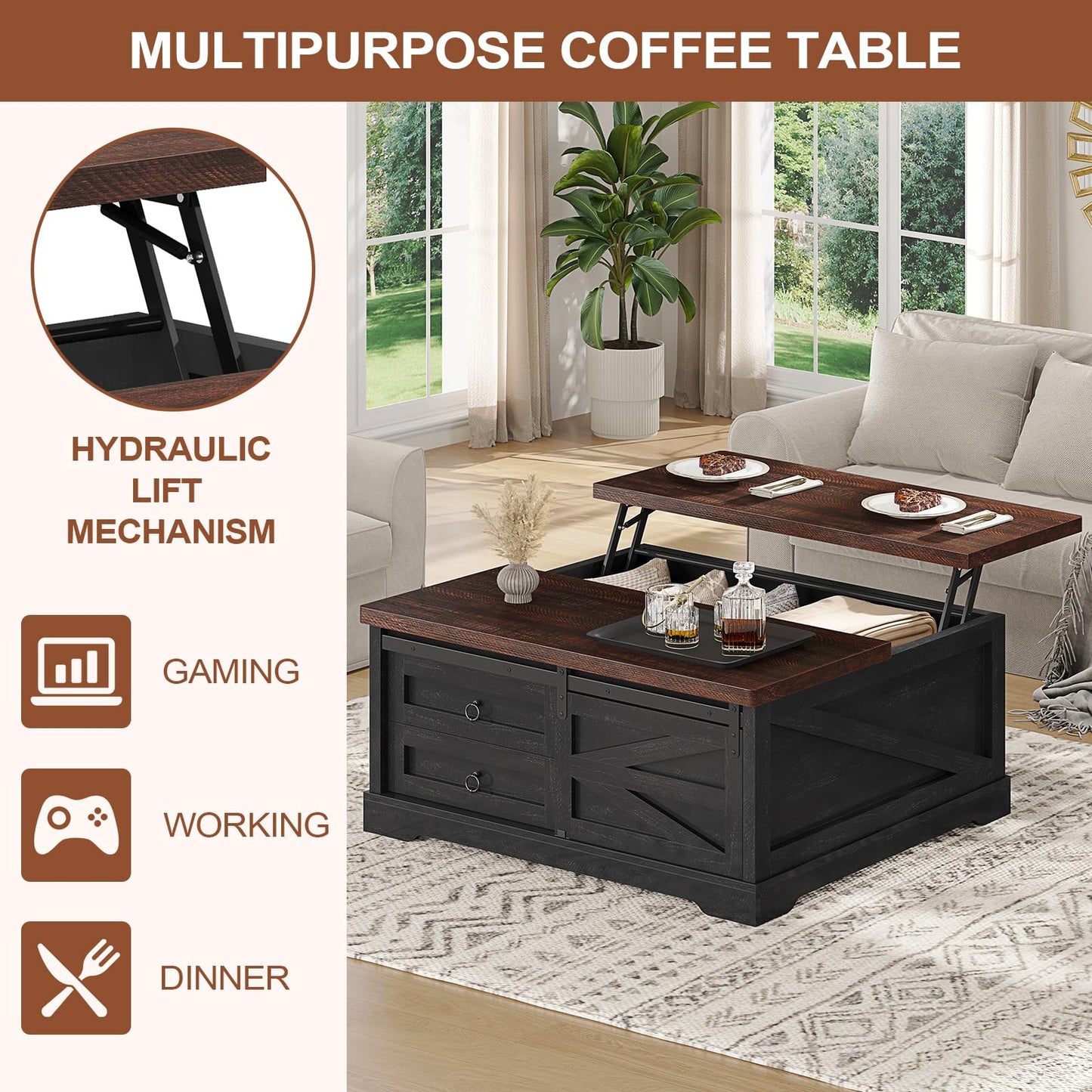Itaar 39.4'' Lift Top Coffee Table with Storage, Farmhouse Coffee Tables for Living Room, Square Coffee Table with Large Hidden Compartment & 2 Drawers & Adjustable Shelves, Black
