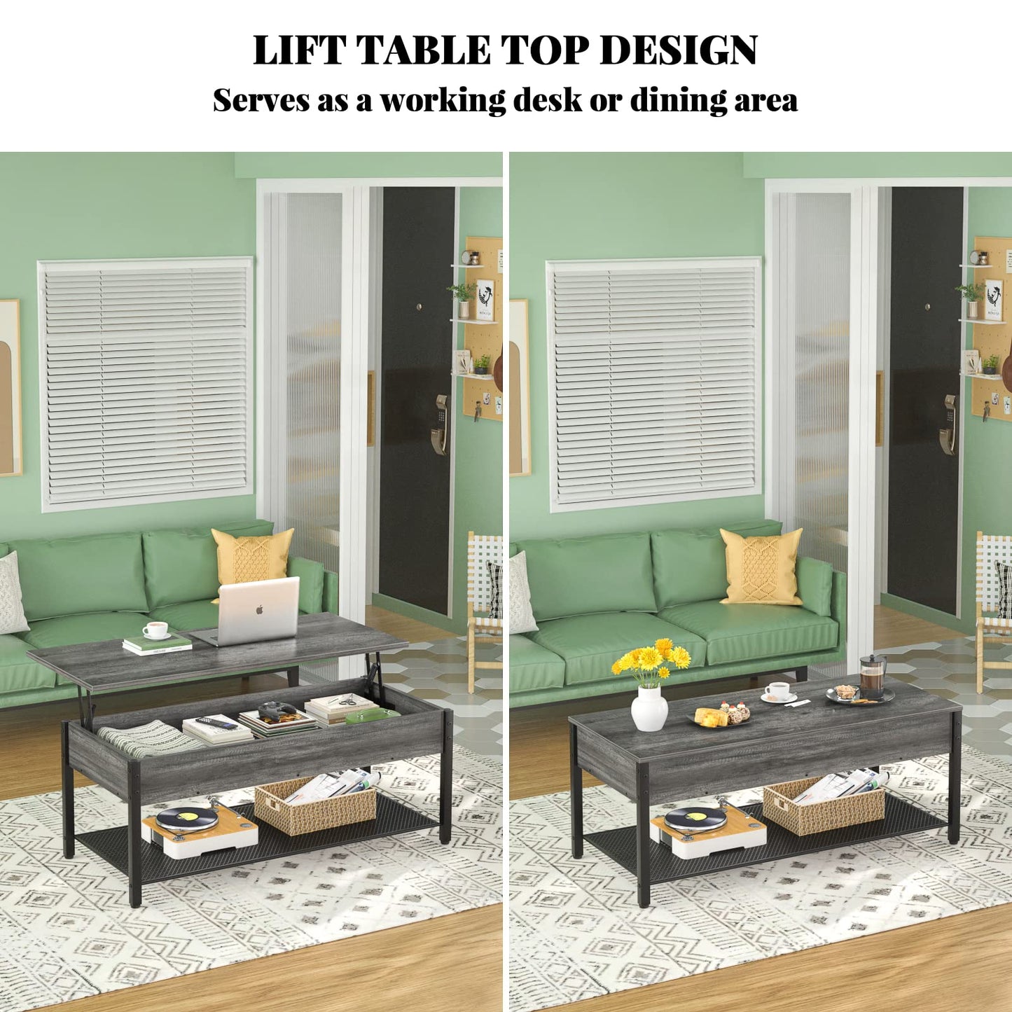 Homieasy Lift Top Coffee Table with Storage Shelf and Hidden Compartment, Modern Lift Top Table for Living Room, Wood Lift Tabletop, Metal Frame - Black Oak