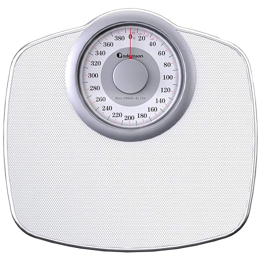 Adamson A25 Scales for Body Weight - Up to 400 LB - 5.3" Dial on 12.4" x 12" Platform - Anti-Skid Rubber Surface - High Precision Bathroom Scale Analog - Durable with 20-Year Assurance - Full White