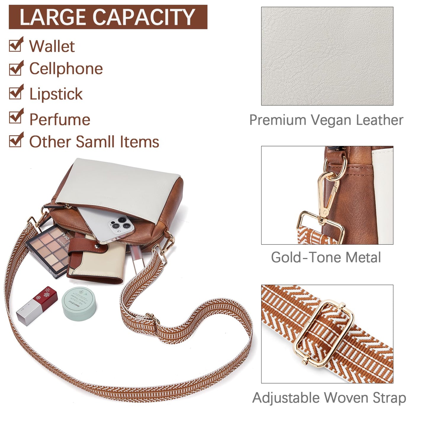 BOSTANTEN Small Crossbody Purse for Women Triple Zip Cell Phone Leather Shoulder Handbag with Wide Guitar Strap Beige with Brown