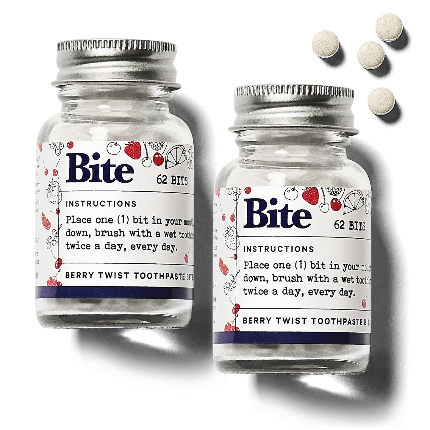 Bite Whitening Toothpaste Tablets – Nano Hydroxyapatite & Xylitol (Mint) | Sensitive Teeth Friendly | No Fluoride, Vegan, Cruelty-Free | Travel-Size | 2 Bottles (124 Bits) | Made in USA