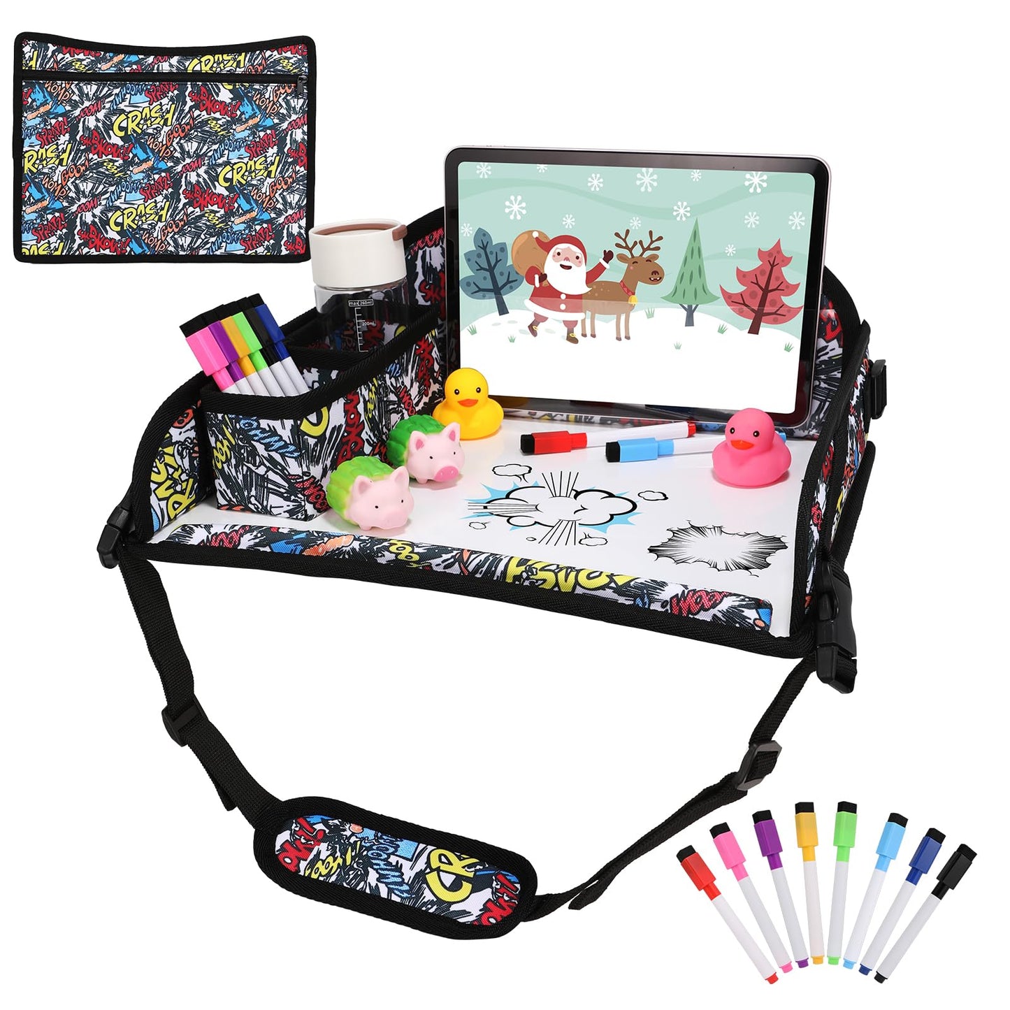 Upgraded Kids Travel Tray for Airplane - Toddler Car Seat Table Tray, Road Trip Essentials for Boys & Girls, Carseat Lap Desk for Kids Road Trip Activities, Black