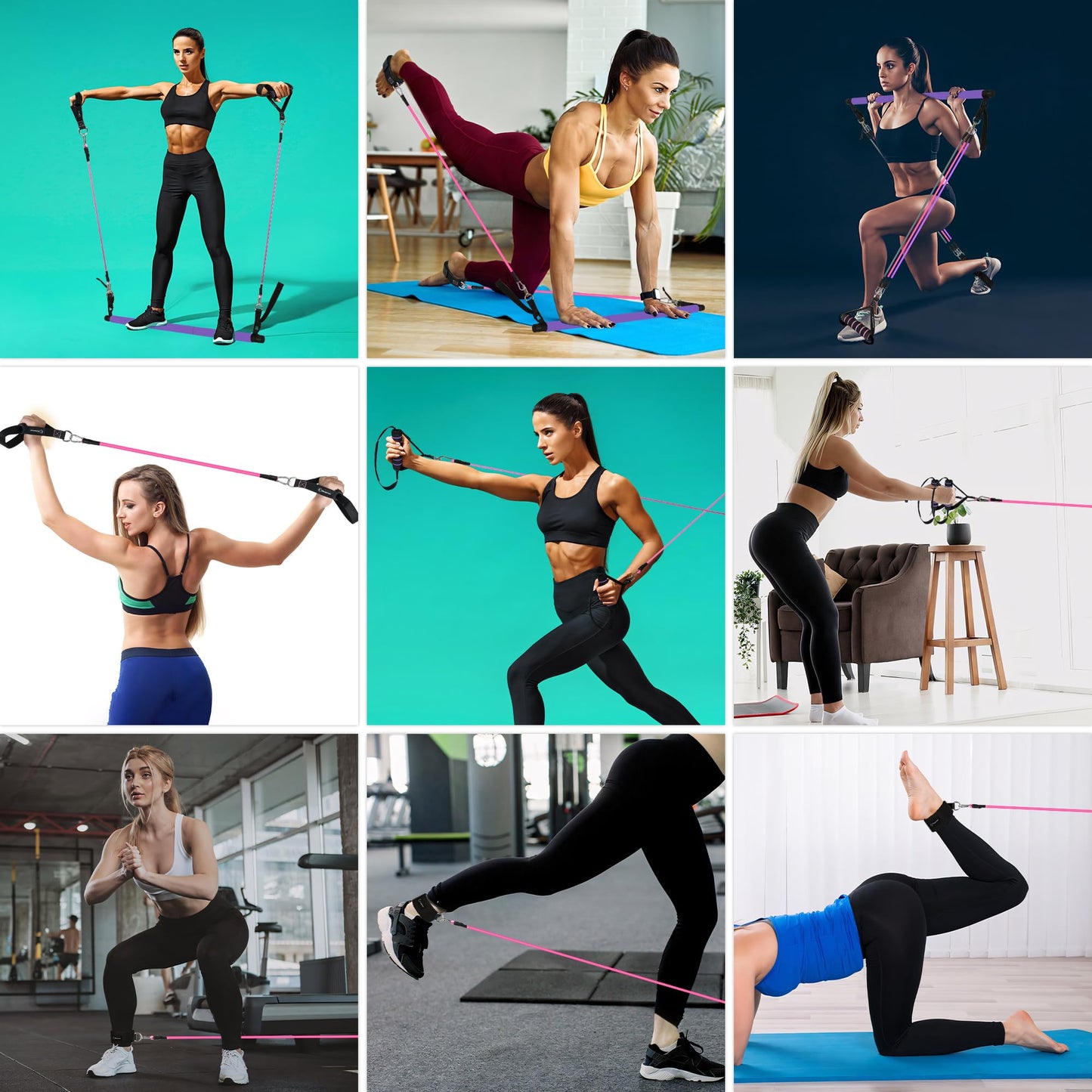 Multifunctional Pilates Bar Kit Home Gym, Resistance Bands Set with Handles and Door Anchor and Extension Straps - with Fitness Poster and Video