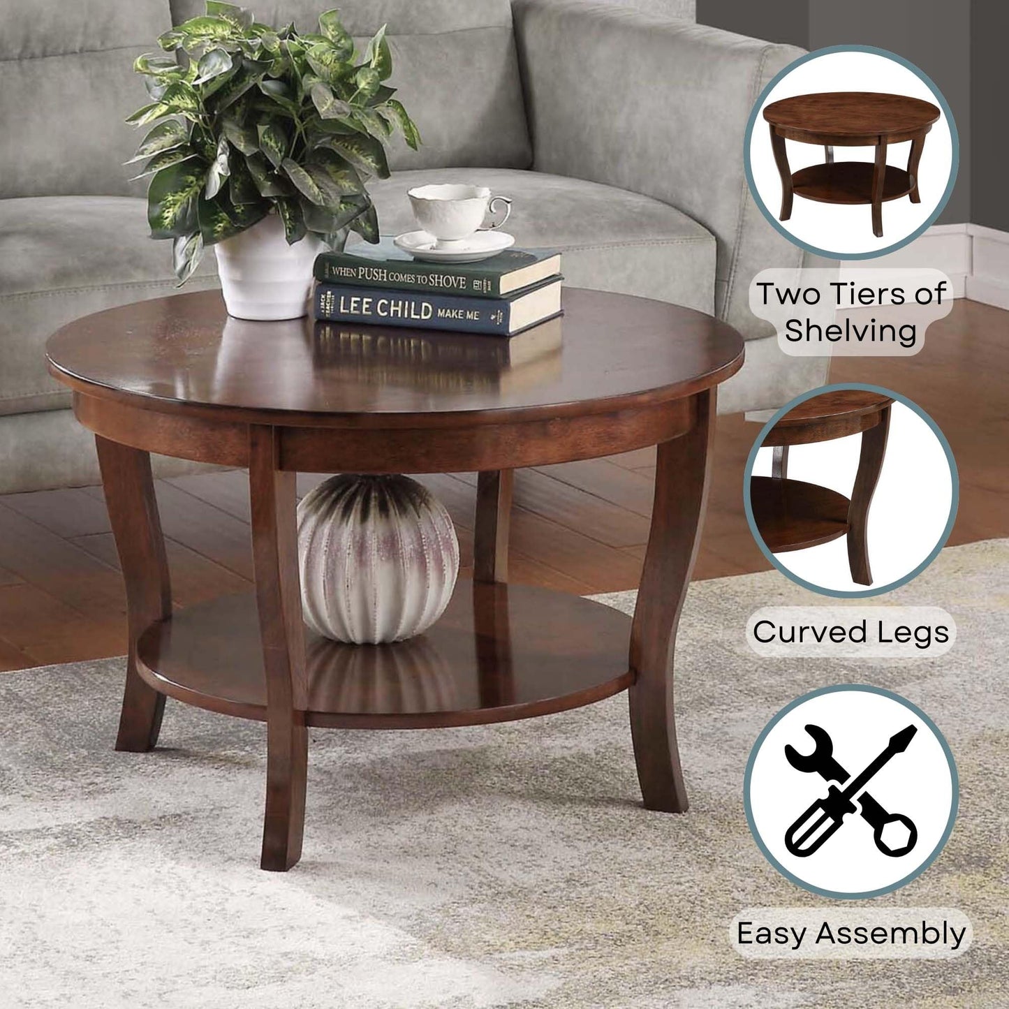 Convenience Concepts American Heritage Round Coffee Table 30" - Classic Living Room Table with Storage Shelf, Traditional Round Family Room Center Table, Espresso