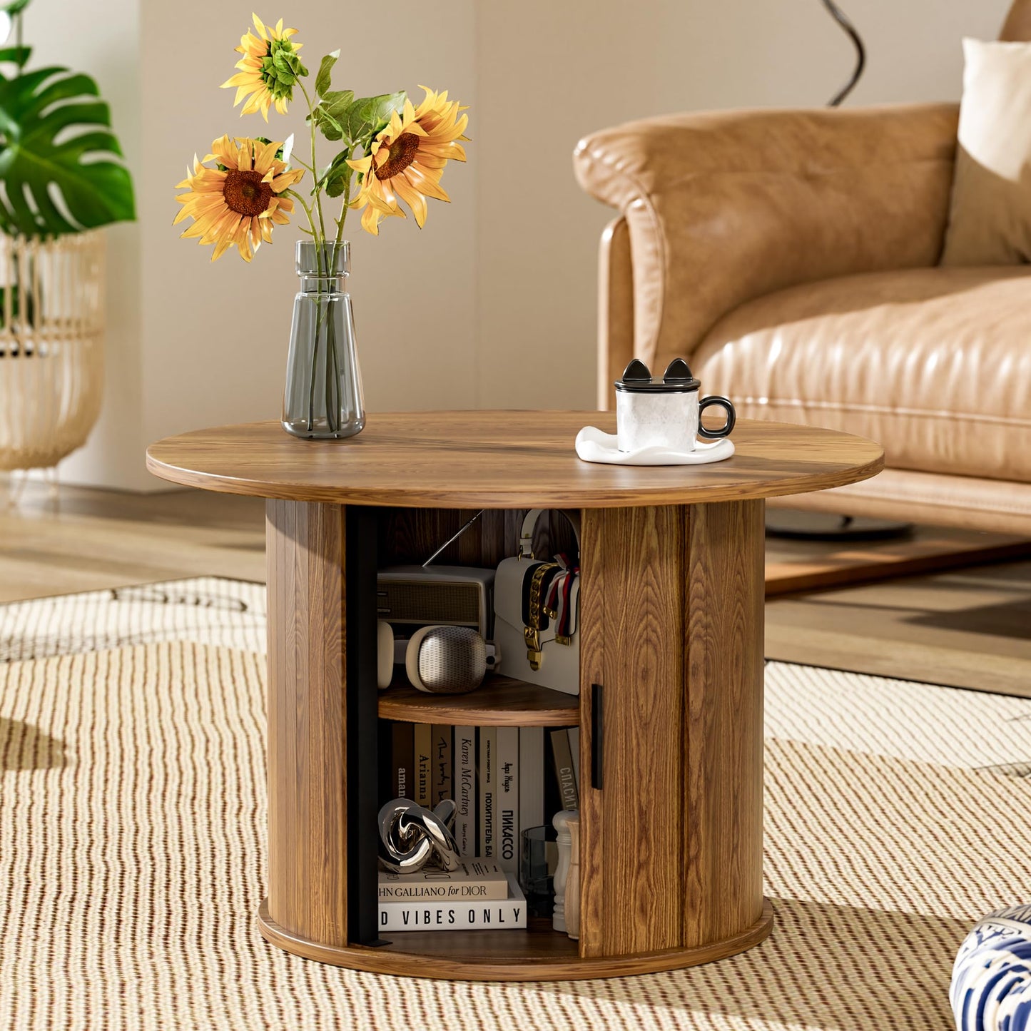 27.6" Small Round Coffee Table for Living Room, Farmhouse Fluted Side Table with 2-Tire Shelf Storage, Modern Circle Sofa Accent End Table with Walnut Finish