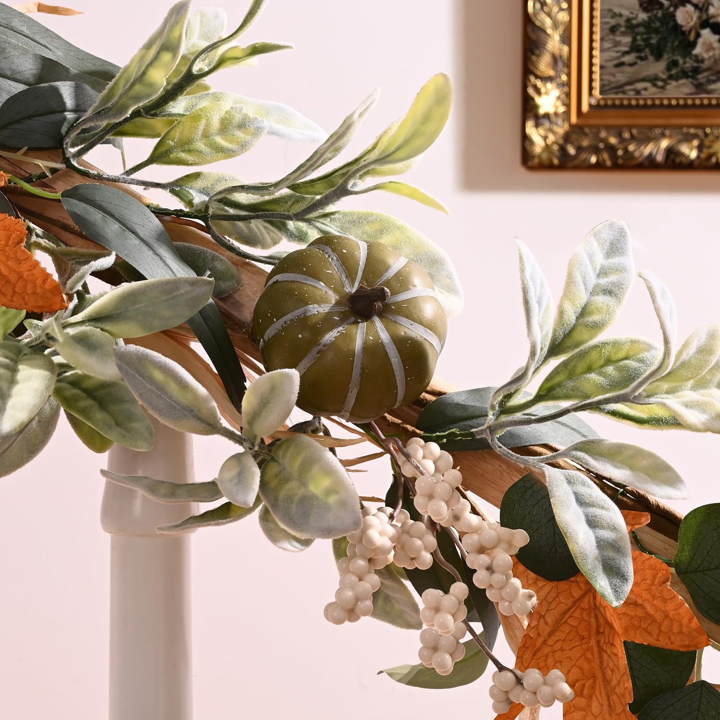 Fall Decor,Fall Garland for Mantel, 6 FT Fall Garland with Light, Lighted Autumn Garlands with Faux Lamb's Ear & Pumpkins, Thanksgiving Table Centerpiece, Fall Decorations for Home Porch Fireplace