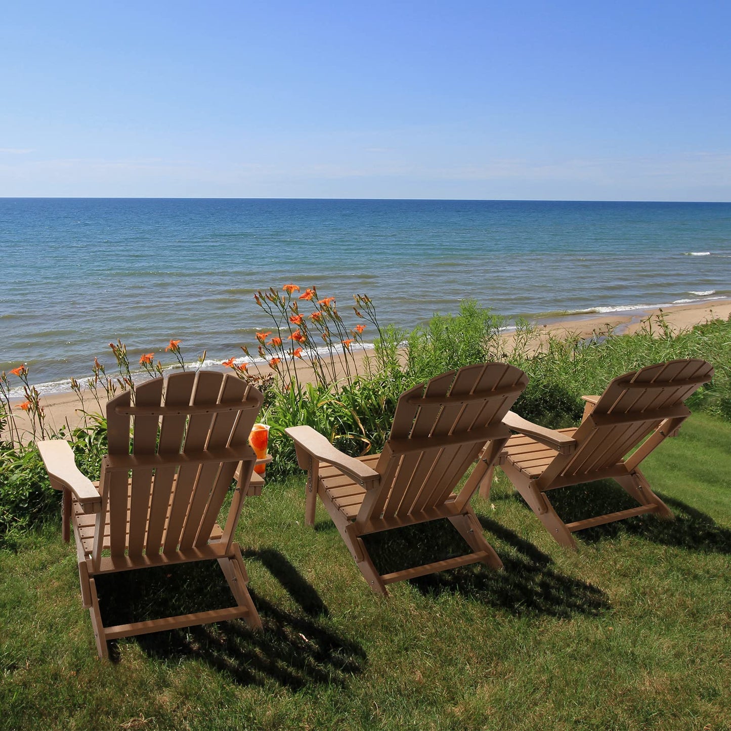 FUNBERRY Folding Adirondack Chair with Adjustable Backrest, HDPE All Weather Fire Pit Chairs with Cup Holder
