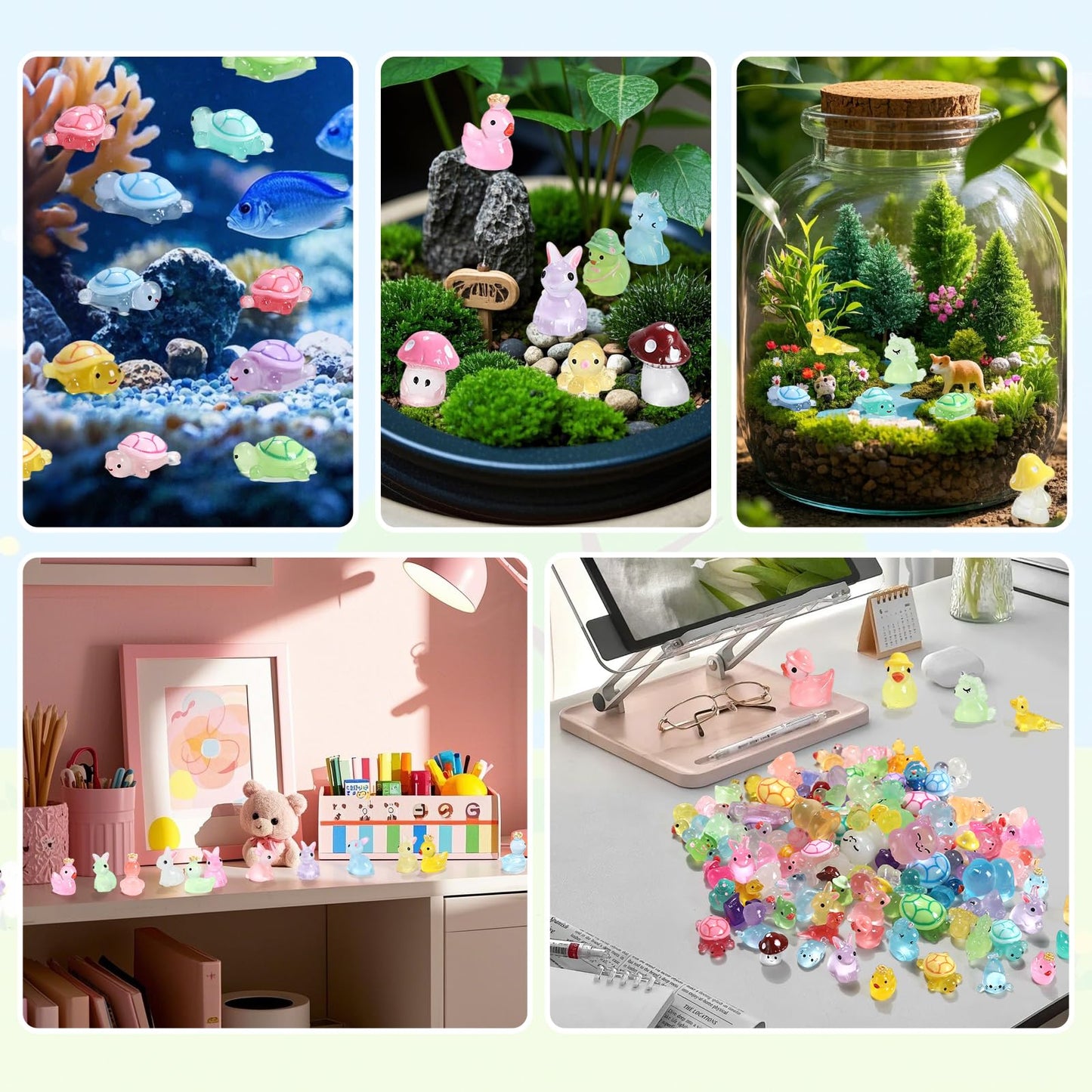 IHFAIO 100PCs Mini Resin Animals, Mini Ducks Unicorns Rabbits Dolphin Frog Dinosaur Cat Luminous Animals Glow in The Dark to Hide Around The Office Home for DIY Garden Dollhouse Combination