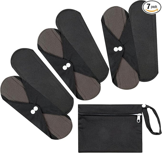 7pcs Set 1 pc Mini Wet Bag +6pcs Absorbent Reusable Sanitary Pads/Washable Cloth Menstrual Pads(Black,L)