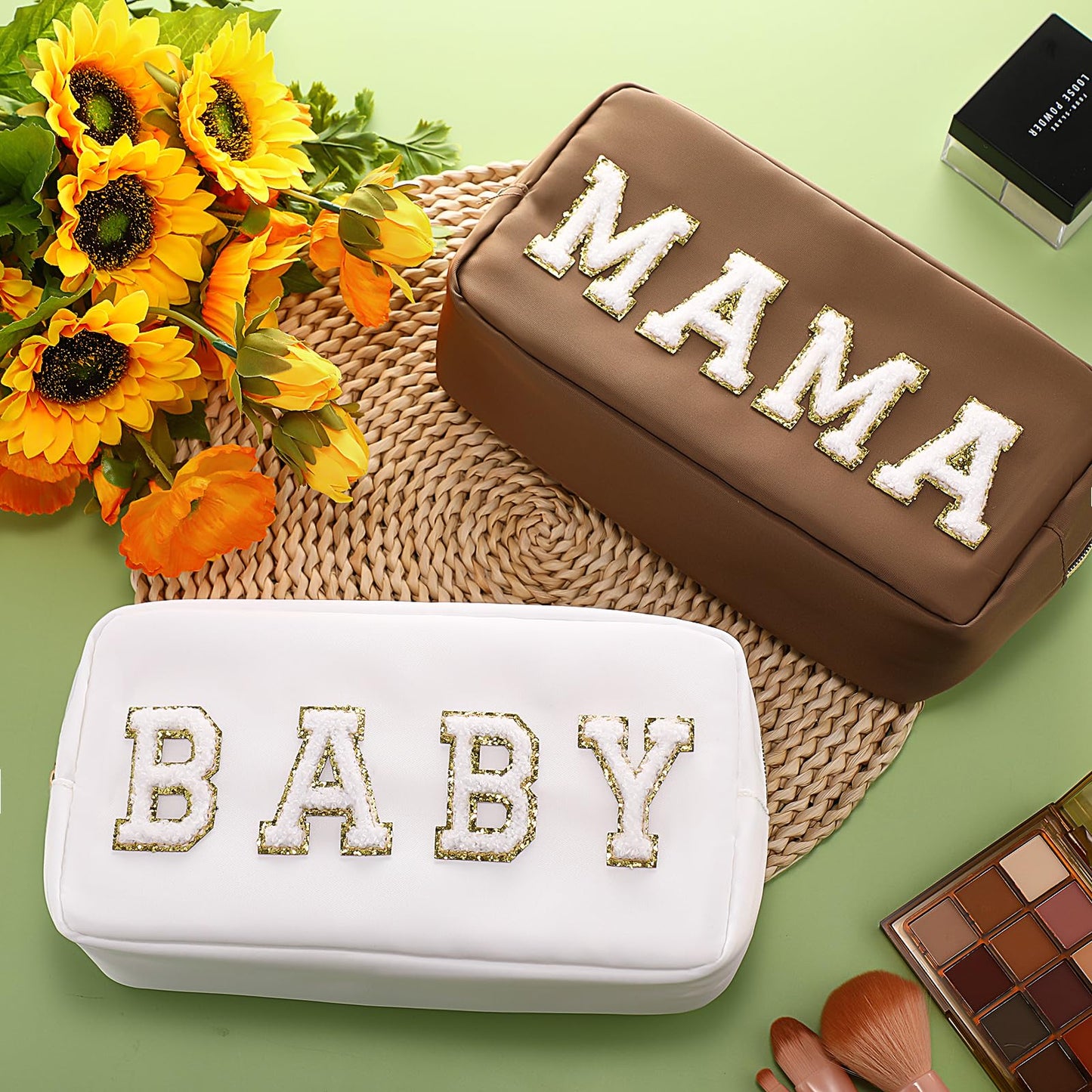Sanwuta 2 Pieces Mama Gifts Makeup Bag Mom Birthday Gifts Nylon Cosmetic Bag Mothers Day Appreciation Toiletry Preppy Patch Chenille Letter Pouch for Women Her New Mom(Camel, White,Baby and Mama)