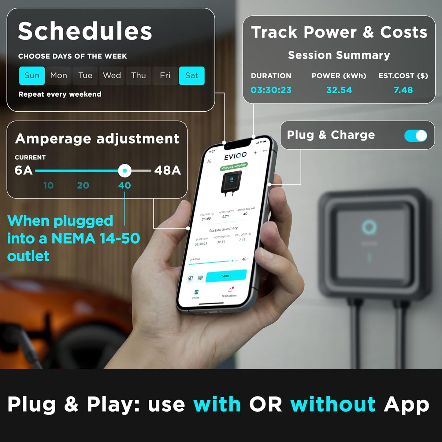 EVIQO Level 2 EV Charger – 48 Amp (11.5 kW) 240V – Wall EV Charger Level 2, NEMA 14-50 Plug/Hardwired, J1772 25' Cable, Enhanced Wi-Fi – UL, Energy Star, ETL Certified EVSE, Car Charging Station GEN 2