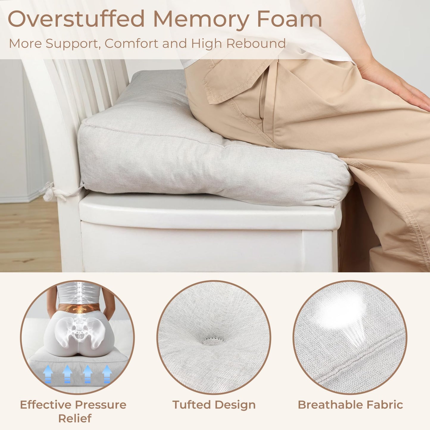 COOLBEBE Chair Cushions for Dining Chairs 4 Pack, Kitchen Chair Cushions, Chair Pads for Dining Chairs with Ties and Non-Slip Backing, Tufted Memory Foam Seat Cushions, 16.5" X 16.5", White