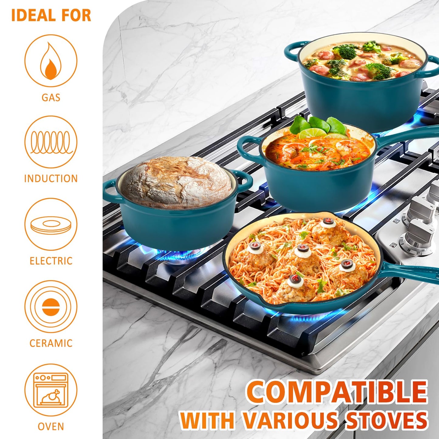 Hisencn 7-Piece Enameled Cast Iron Cookware Set-Dutch Ovens, Skillet & Saucepan with Lids- Ceramic Coated, Heavy Duty, Gas/Induction Compatible, Oven Safe to 550°F, PFOA-Free, Biscay Blue